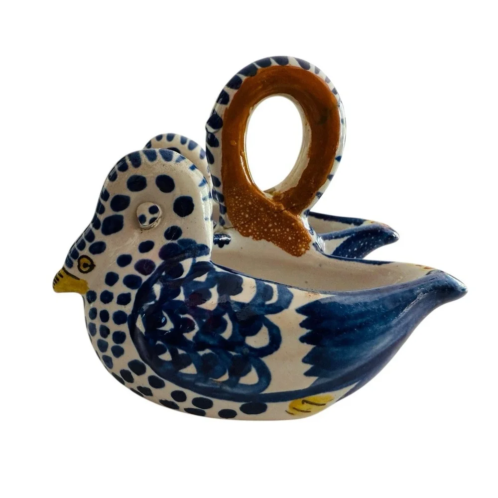 Henriot‎ Quimper French art pottery ring handled figural swan double salt